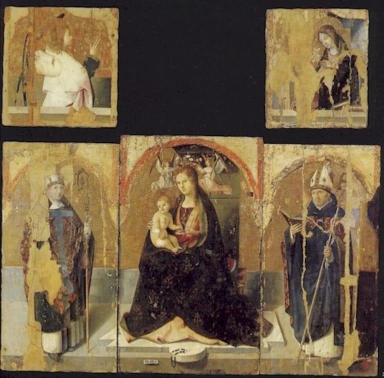 Polittico di San Gregorio: Madonna col Bambino o del Rosario tra i Santi Gregorio e Benedetto, Angelo Annunciante e Annunciata (1473, tavola, 170 x 203 cm)